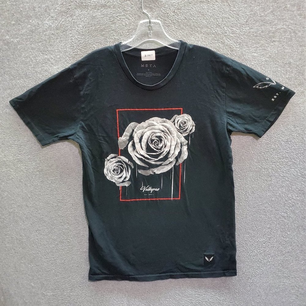 Valkyrae Drip Rose META Men T-Shirt Medium Black Floral‎ Crew Neck Short Sleeve